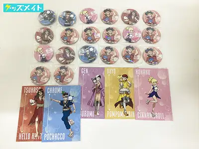Dr.STONE×サンリオキャラクターズ グッズ ホログラム缶バッジ ポストカード 七海龍水 クロム コハク 他